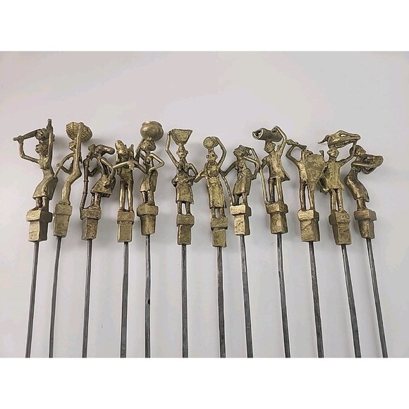 12 Vintage Unique African Brass & Stainless Steel Kebab Skewers 19" Souvlaki - Picture 4 of 9